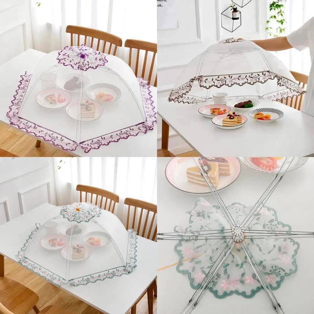 1pc Umbrella-Shaped Kitchen Food Cover - Foldable, Dustproof, Anti-Flies & Mosquitoes, Transparent Mesh with Golden Lace Trim, Decorative and Functional for Dining Table Protection